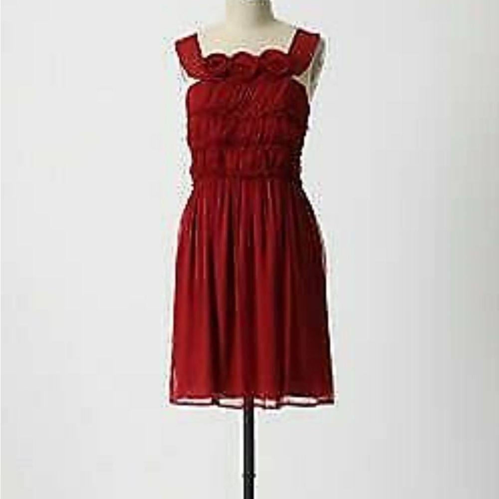 Anthropologie Burlapp Red Silk Cocktail Dress Ruched Roses Small Formal